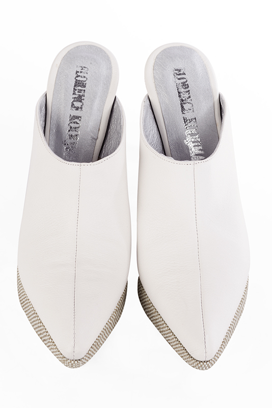 Off white women's clog mules. Tapered toe. Very high slim heel with a platform at the front. Top view - Florence KOOIJMAN